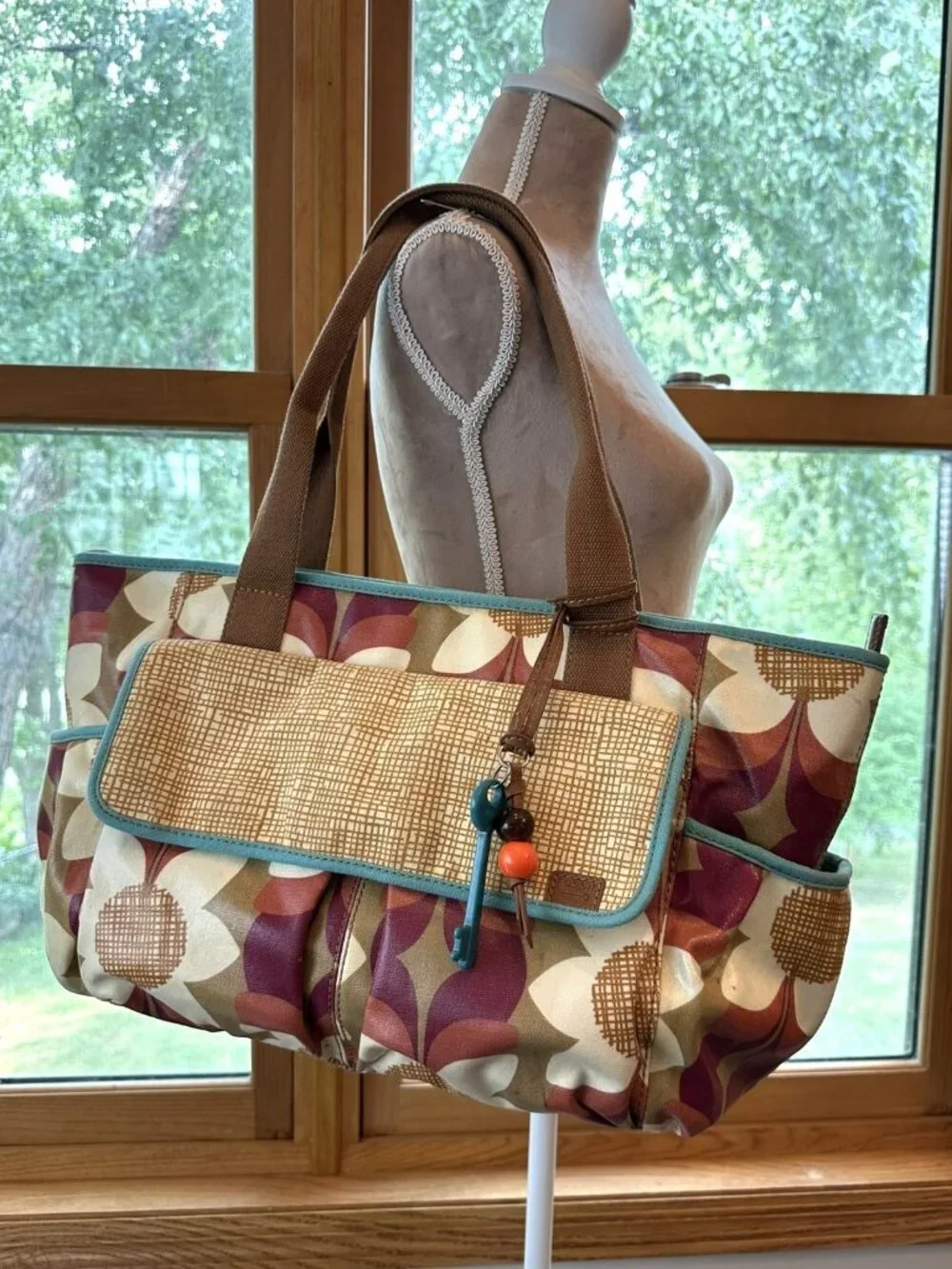 Fossil Key-Per Floral Coated Canvas Diaper Bag Large Tote Retro Y2K